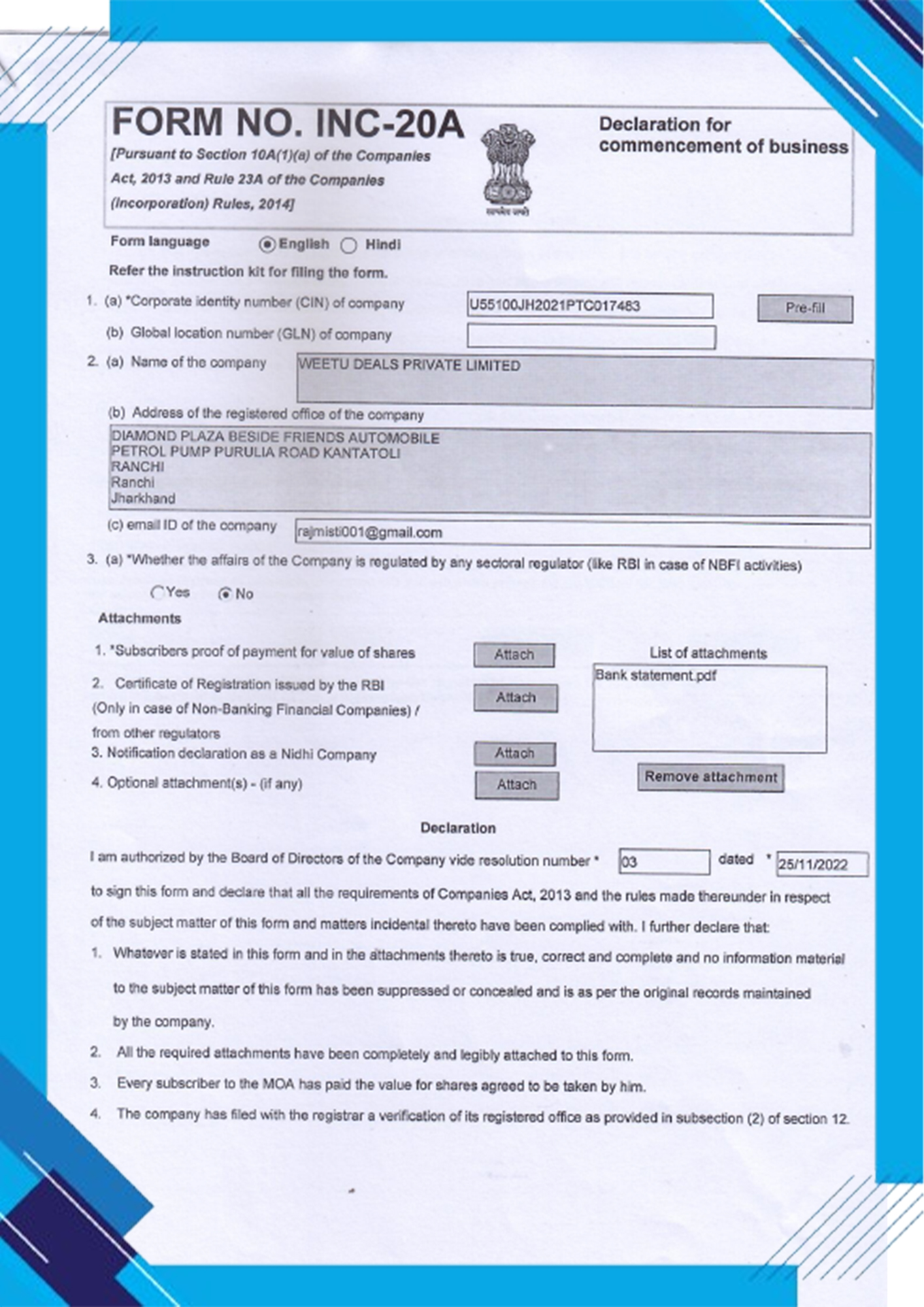 Commencement of Business